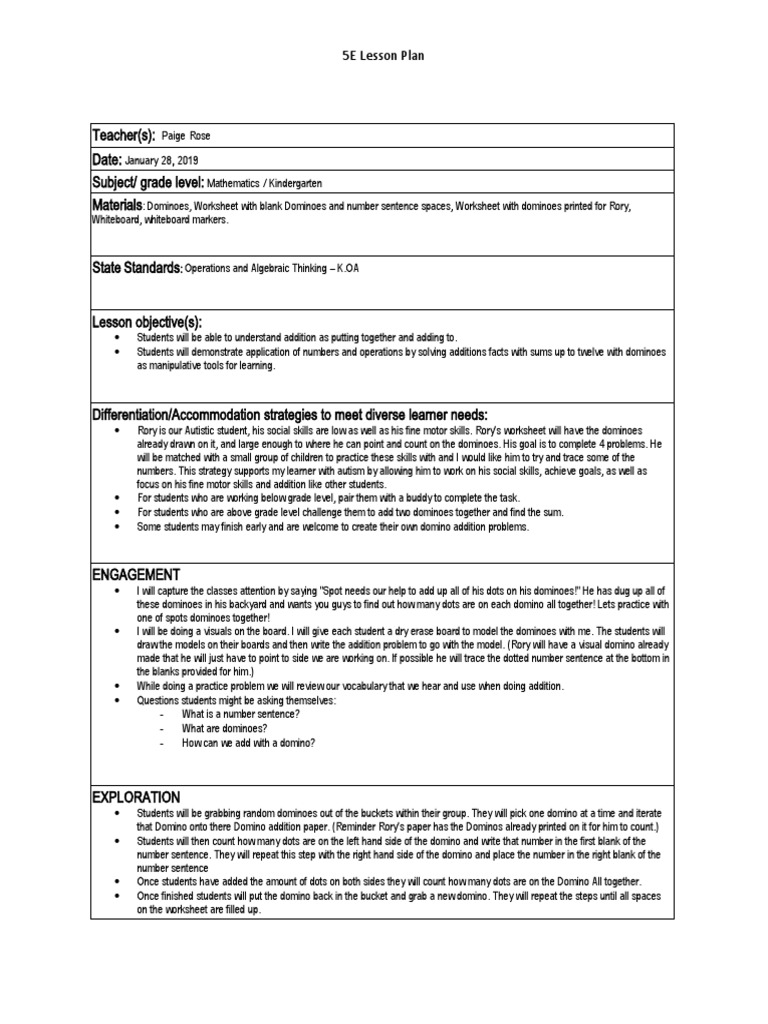 Teacher(s) : Date: Subject/ Grade Level: Materials: 5E Lesson Plan ...