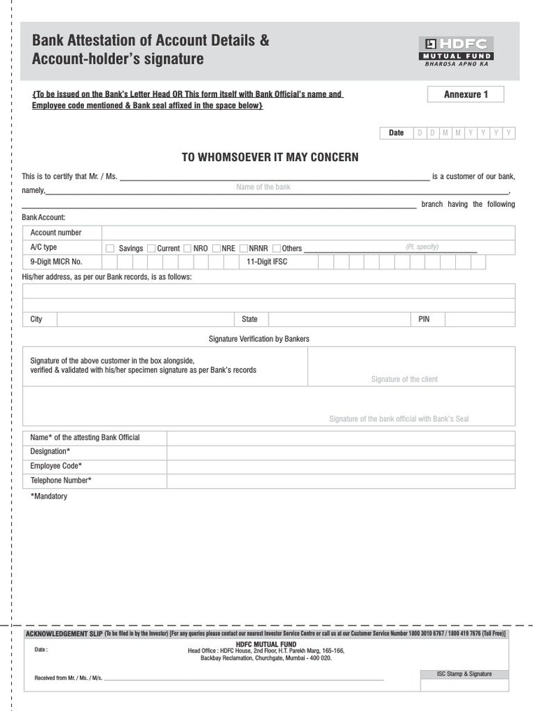 Annexure 1 Bank Attestation of Account Details & AccountHolder's