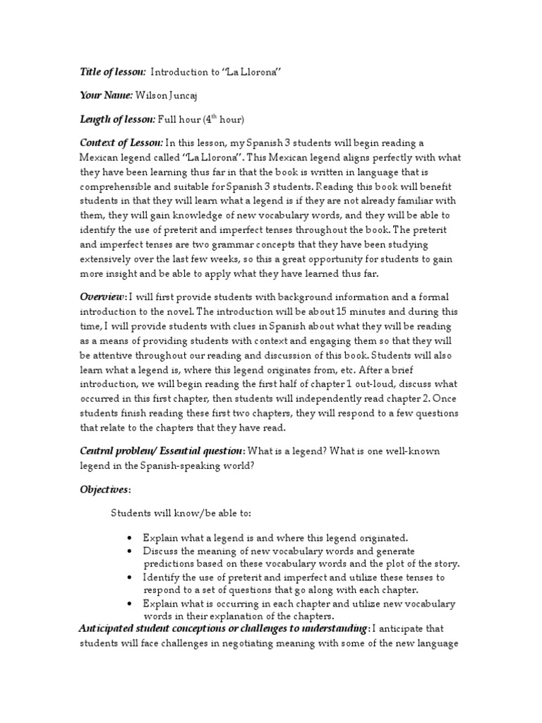 Day 1 La Llorona Lesson Plan PDF Vocabulary Epistemology