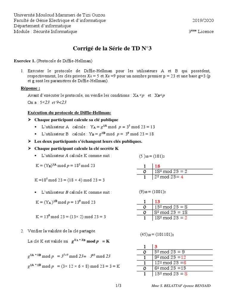 TD3 (Exo1+Exo2+Exo3) - Corrigé PDF | PDF | Public-key cryptography ...