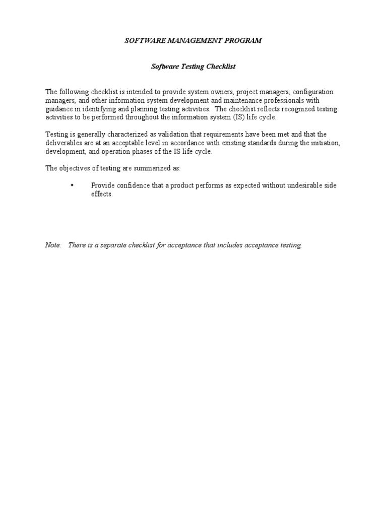 Software Testing Checklist | PDF | Software Testing | Systems Theory