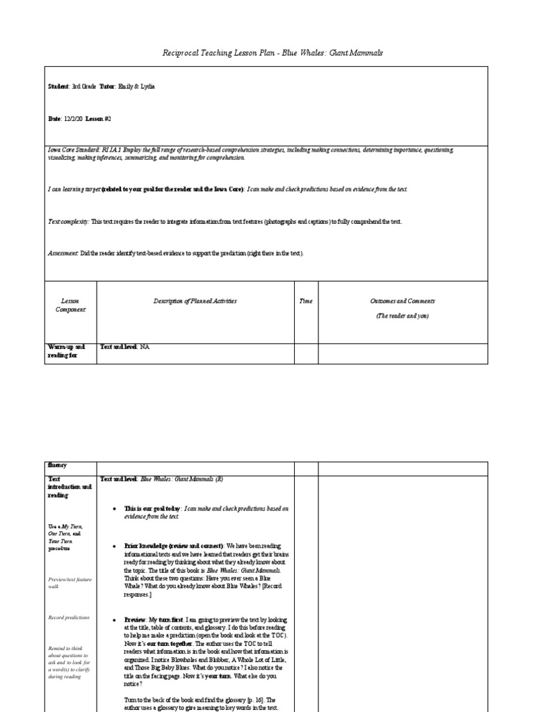 Reciprocal Teaching Lesson Plan - Blue Whales: Giant Mammals | PDF