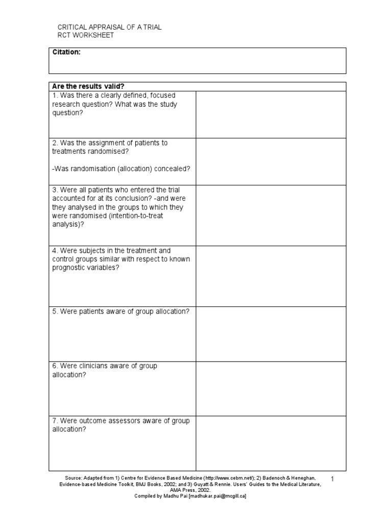 RCT Critical Appraisal Worksheet | PDF | Randomized Controlled Trial ...