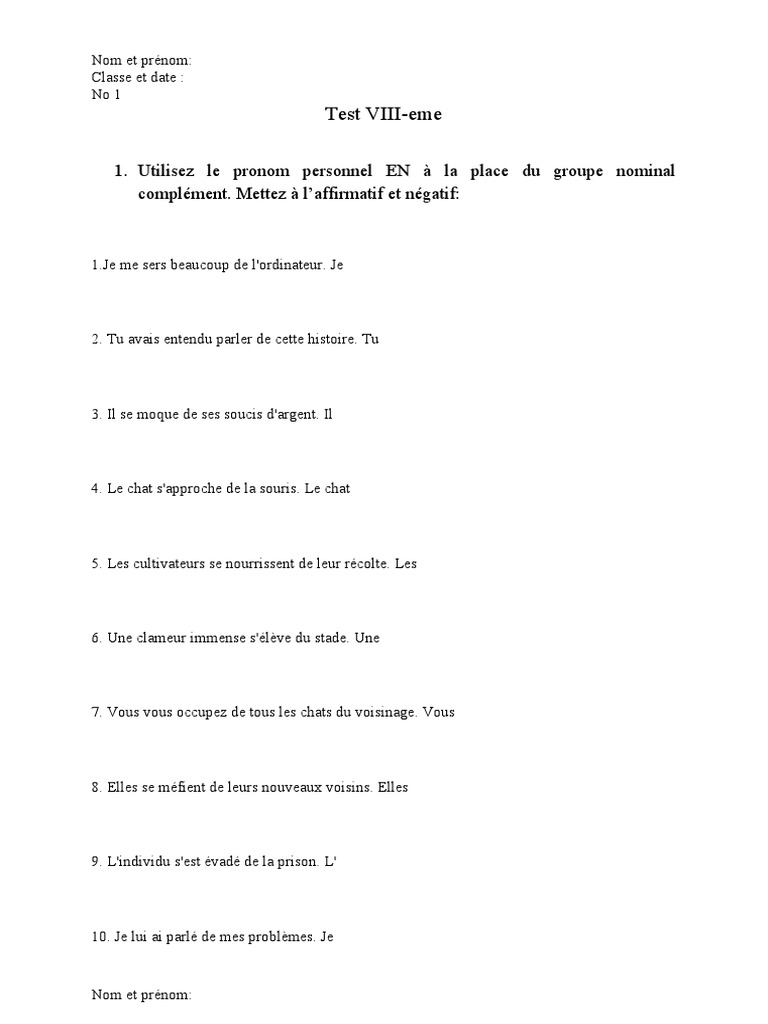 Pronom En Exercices Pdf