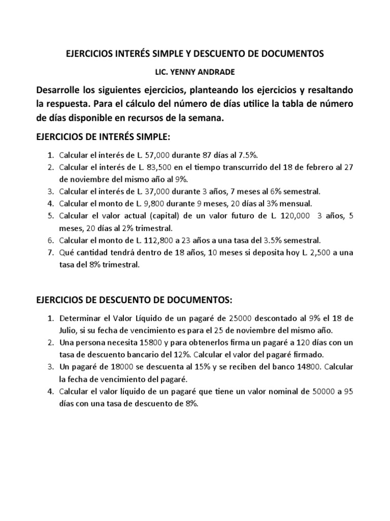 Ejercicios de Interés Simple y Descuento | PDF