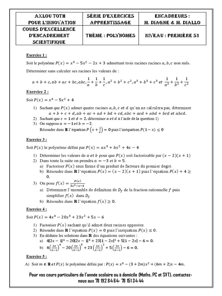 Serie Polynomes Apprentissage 1s1 Renf Pdf Zero D Une Fonction Nombre Reel