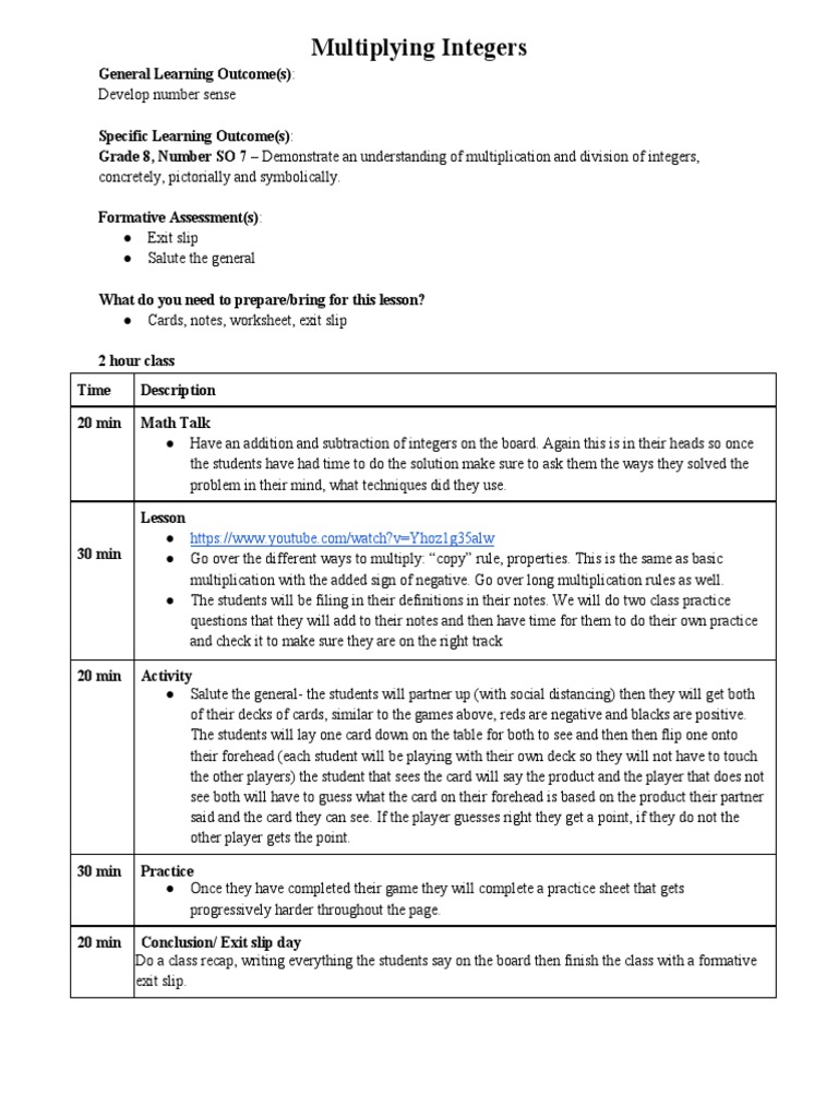 Grade 8 Integer Multiplication Lesson | PDF | Multiplication | Integer