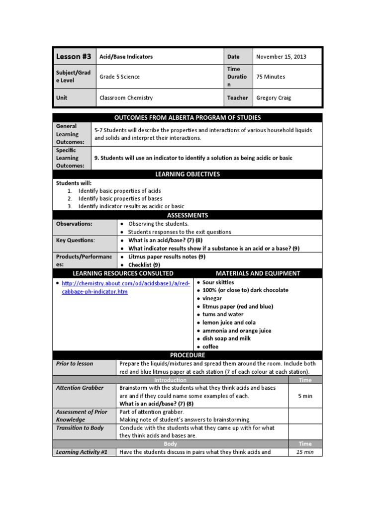 Grade 5 Acid/Base Indicator Lesson | PDF | Acid | Taste