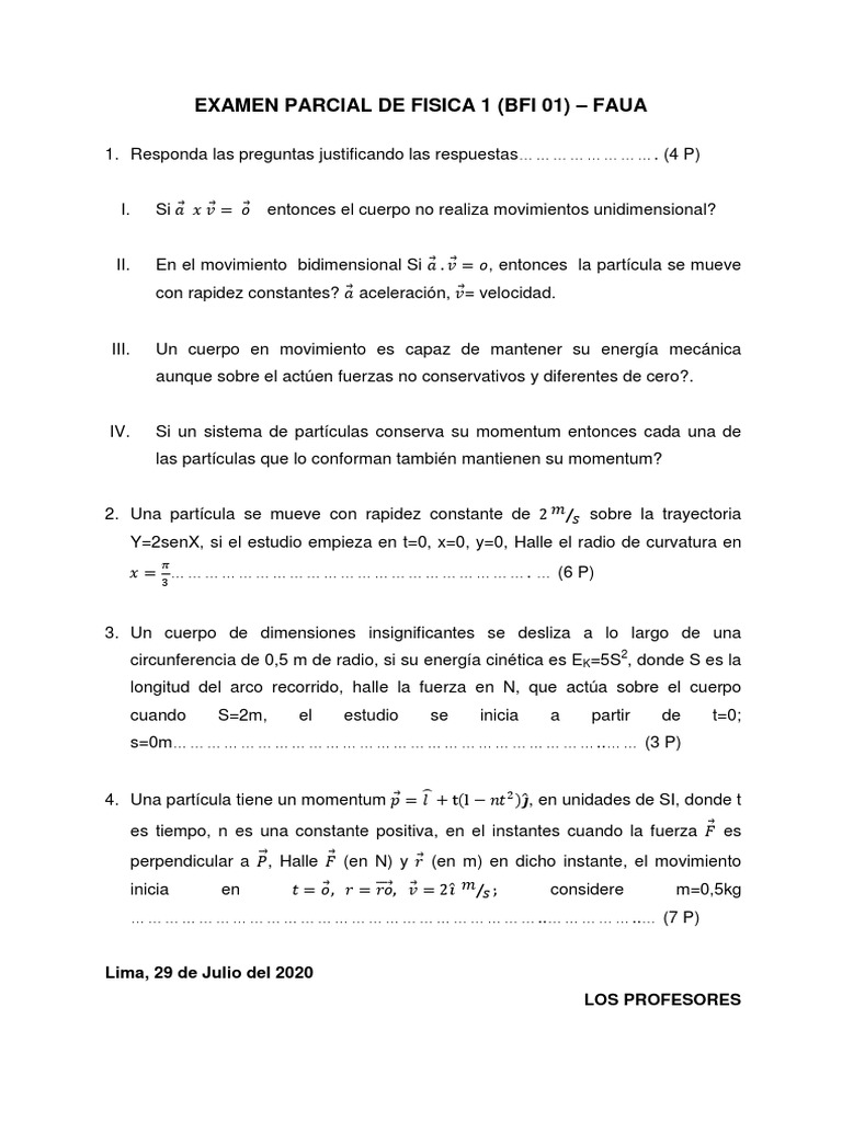 Examen Parcial de Fisica 1 | PDF