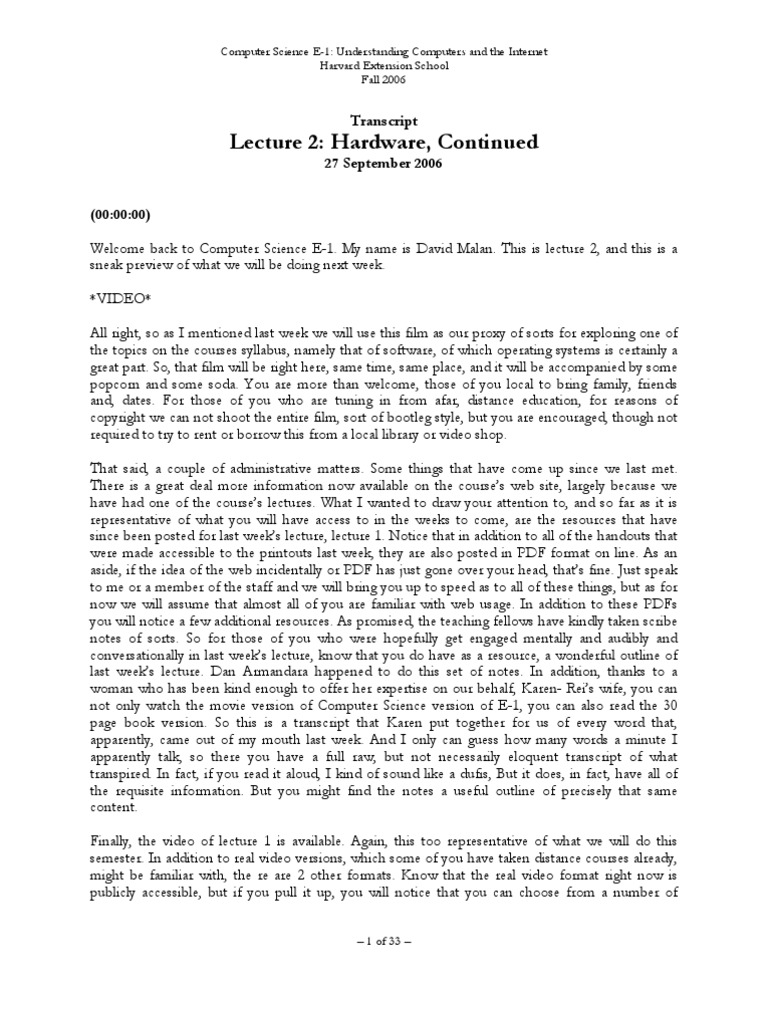 Lecture 2: Hardware, Continued: Transcript 27 September 2006 | PDF ...