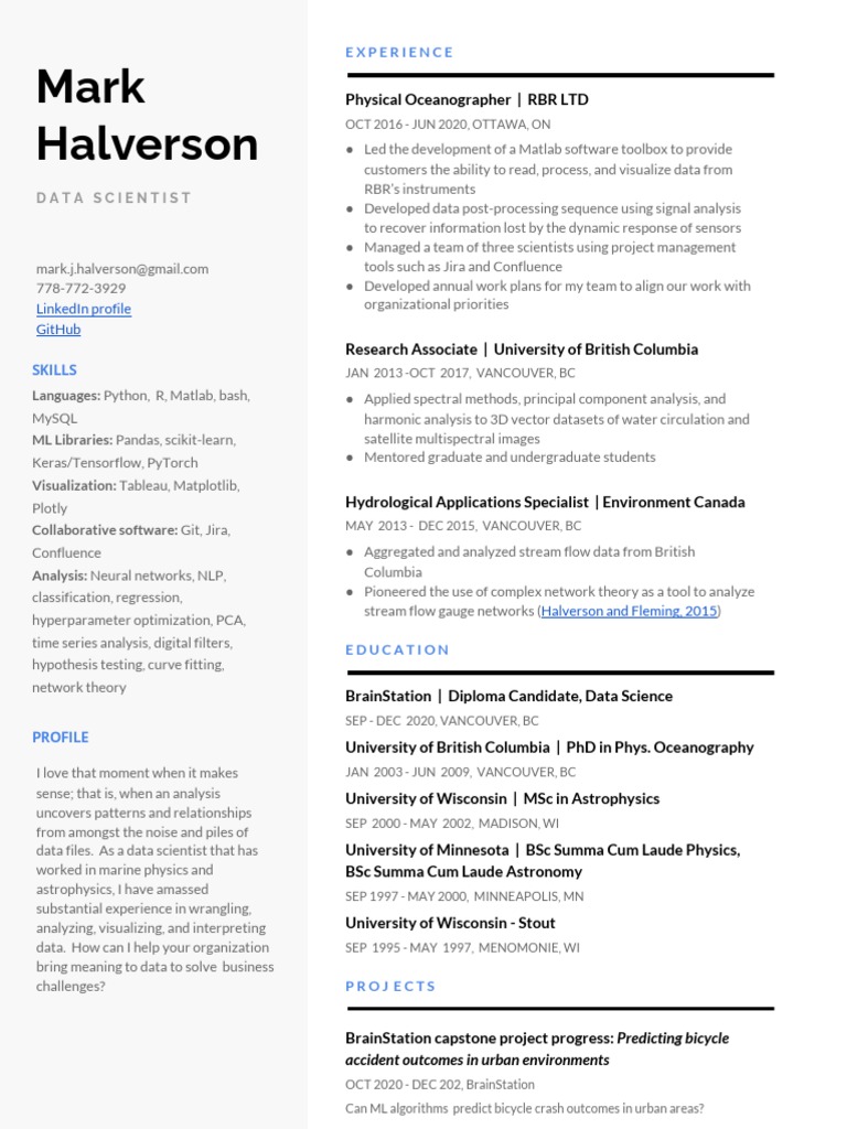 Mark Halverson PHD Data Scientist Resume PDF Principal Component