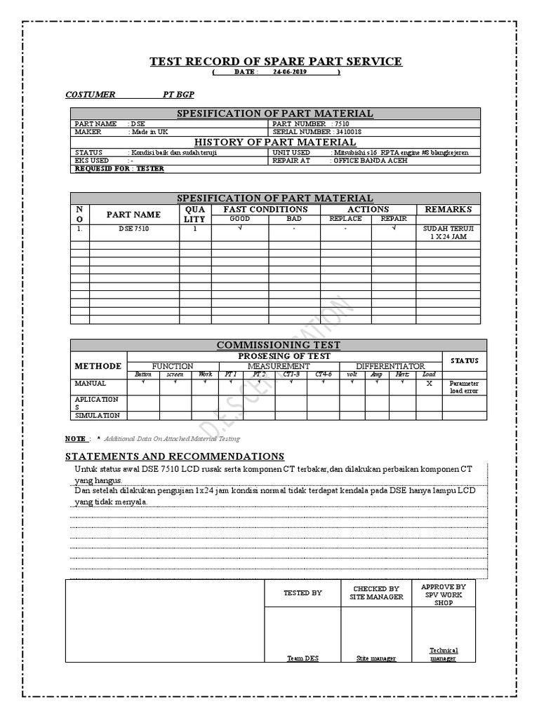 Spare Part Service Test Records | PDF | Business