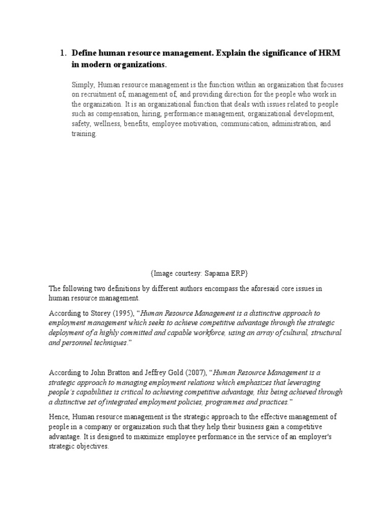 In modern organizations 1 define human resource management explain