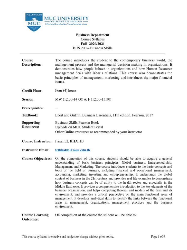 Business Skills Course Syllabus 2020 | PDF | Marketing | Leadership