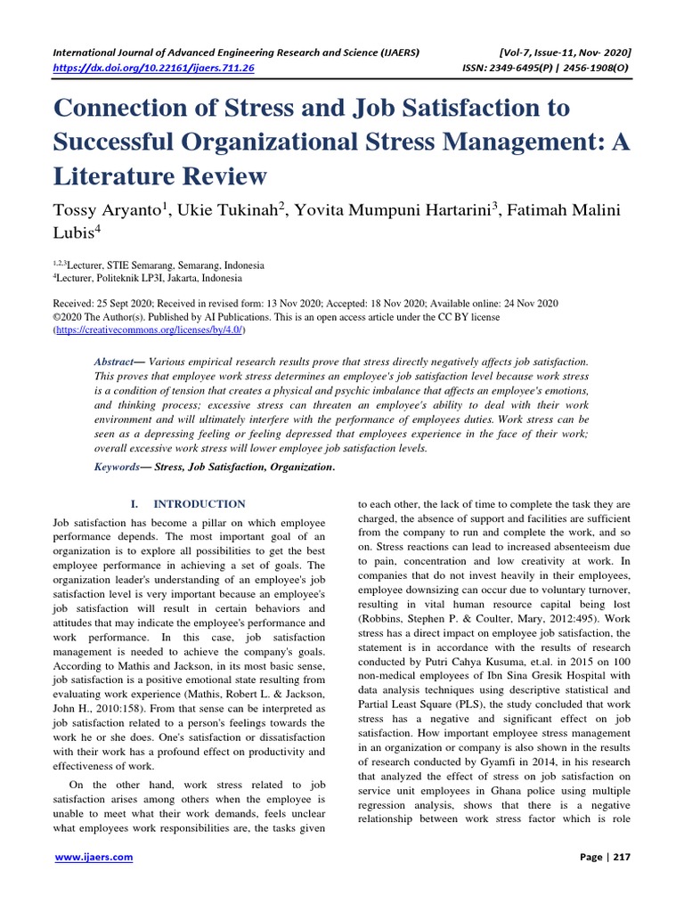 Connection of Stress and Job Satisfaction To Successful Organizational ...