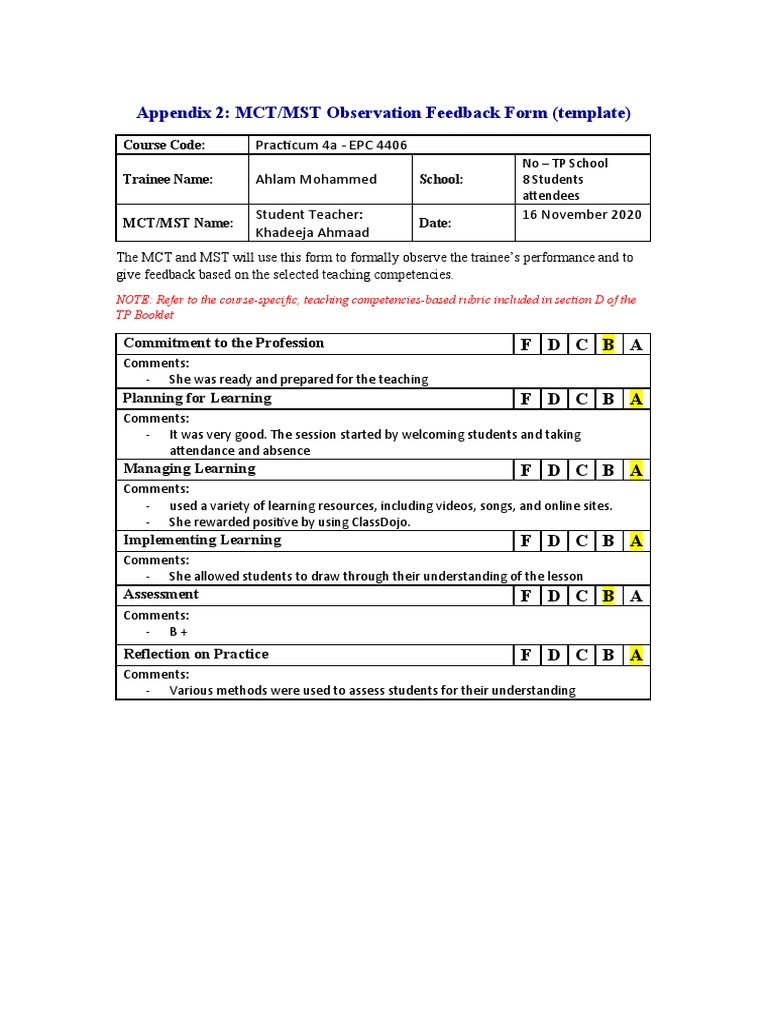 MCT/MST Observation Feedback Form Template | PDF | Career & Growth