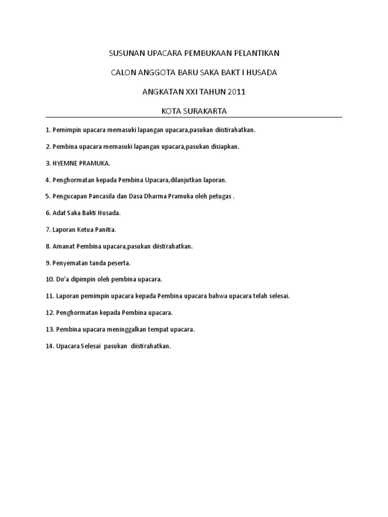 Susunan Upacara Pembukaan Pelantikan PDF