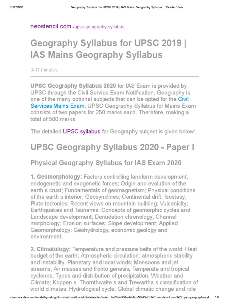 Geography Syllabus For UPSC 2019 IAS Mains Geography Syllabus