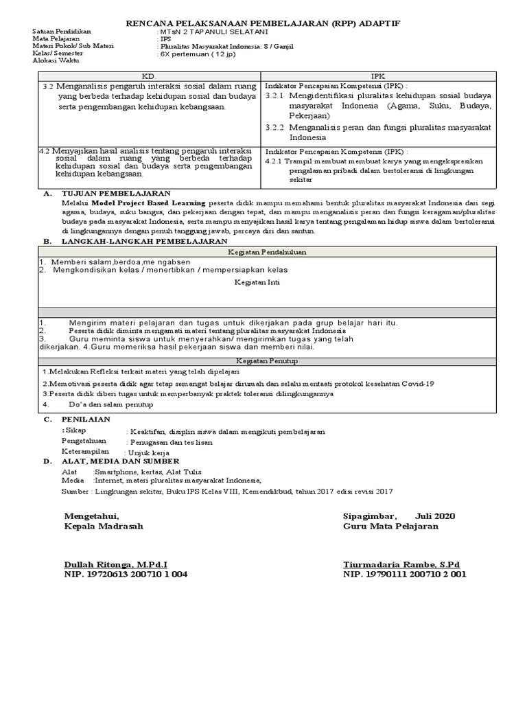 Rencana Pelaksanaan Pembelajaran (RPP) Adaptif | PDF