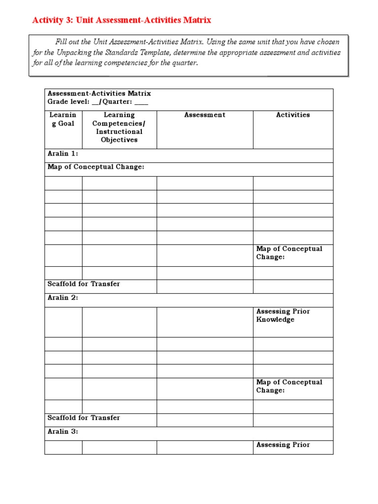 Unit Assessment-Activities Matrix Guide | PDF | Teaching Methods ...