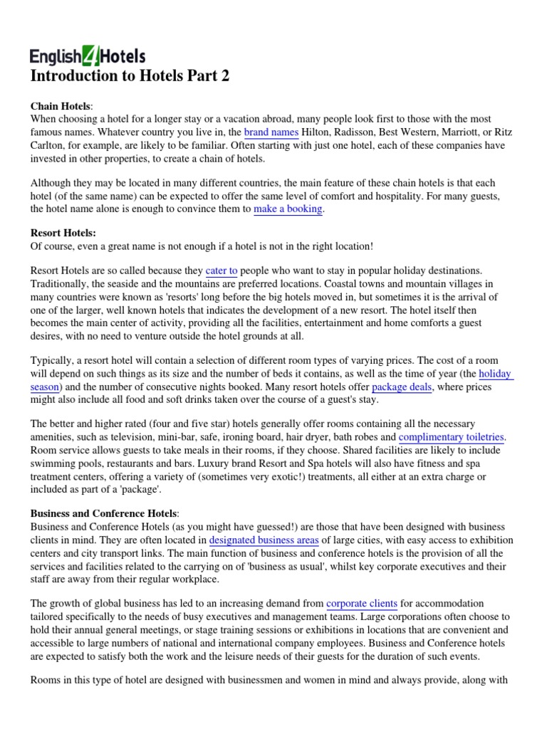 Unit Introduction To Hotels Part 2 Reading | PDF