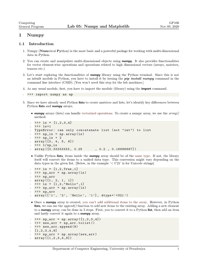 Lab Sheet 05 Numpy And Matplotlib Download Free Pdf Matrix