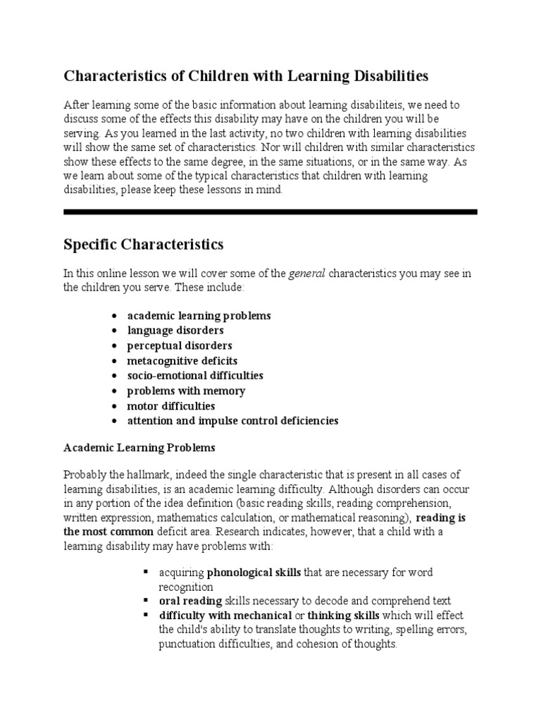 Characteristics of Learning Disabilities | PDF | Learning Disability ...