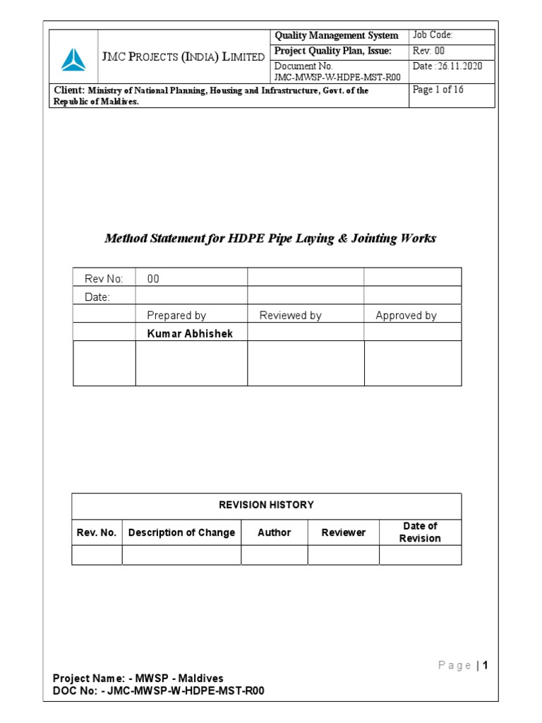 HDPE Pipe Laying Method Statement | PDF | Pipe (Fluid Conveyance ...
