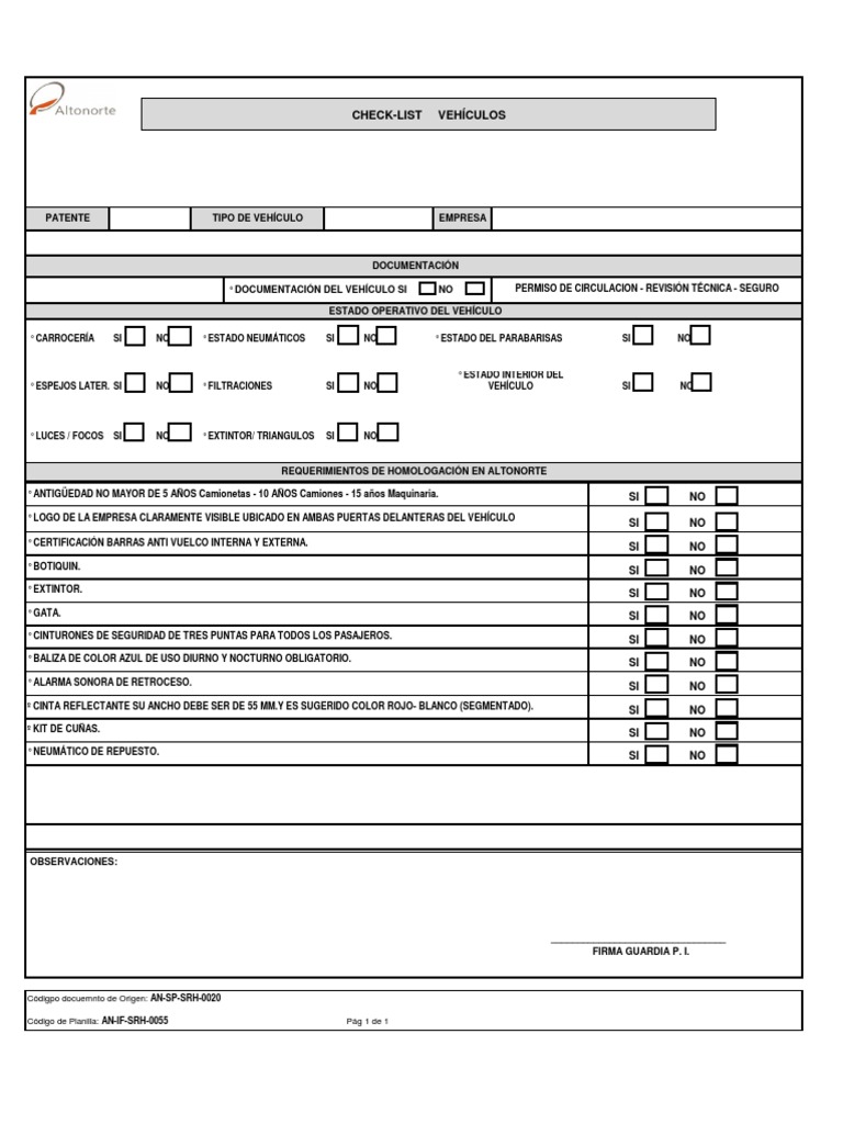 Check-list de Inspección Vehicular | PDF | Vehículo de motor | Vehículos