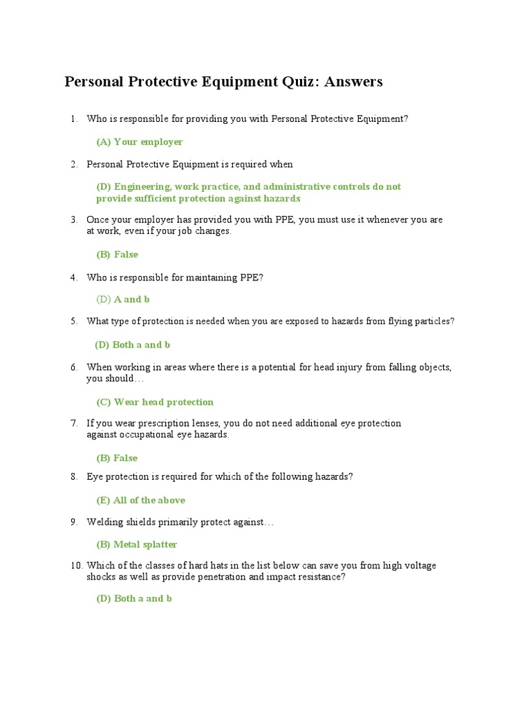 2) Ppe MCQ Quiz Answer Key PDF