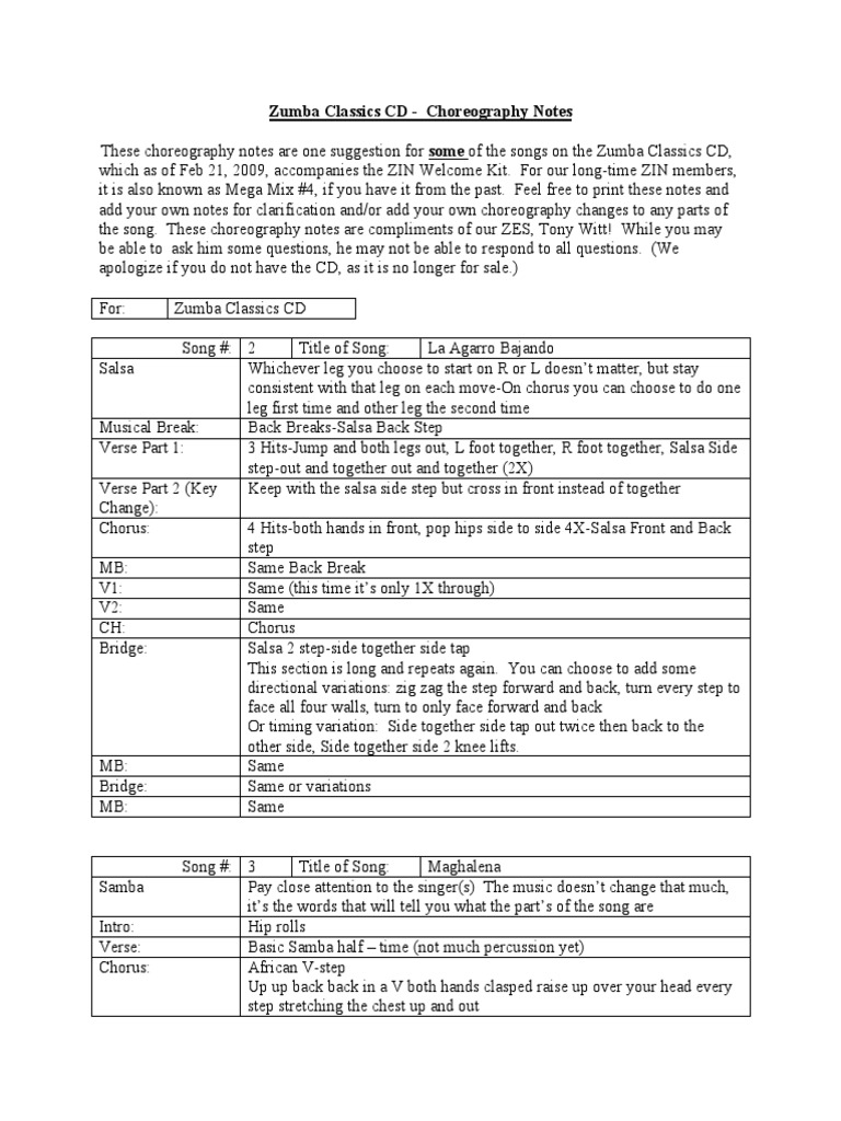 Zumbaclassics Choreo Notes | PDF | Song Structure | Entertainment (General)