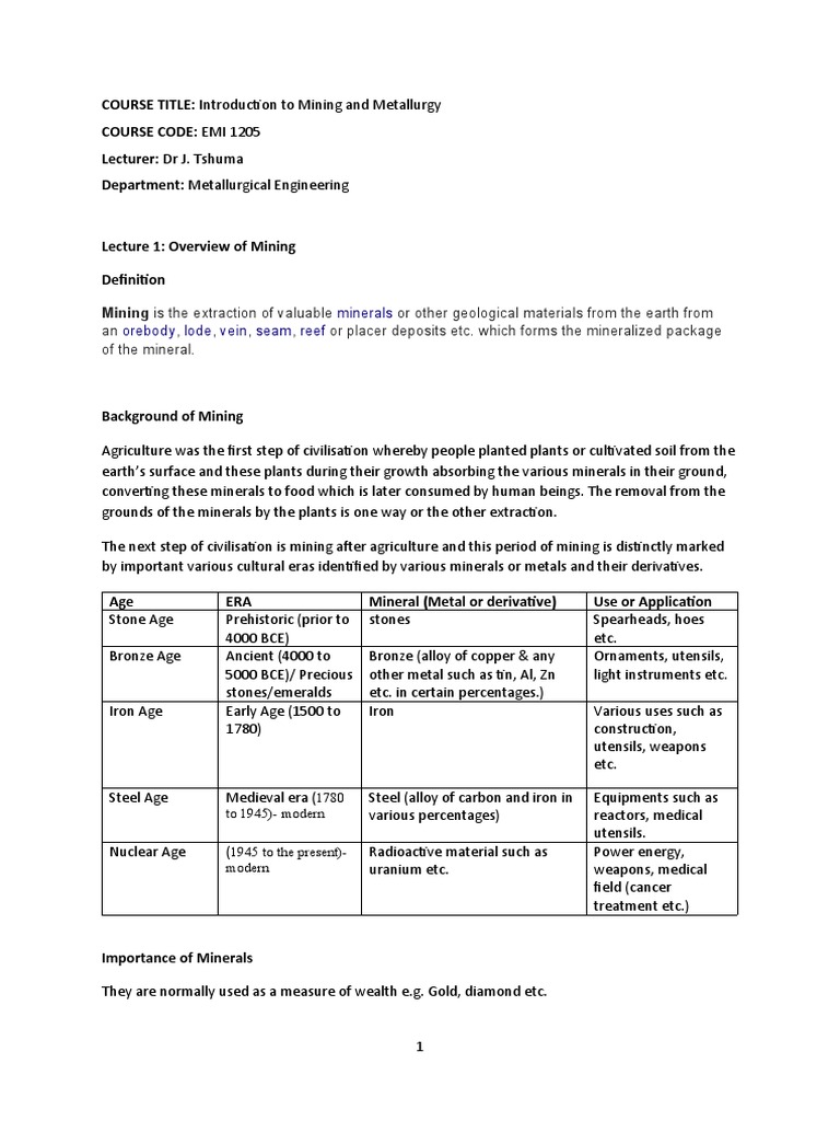 Lecture 1-Overview of Mining | PDF | Mining | Metals