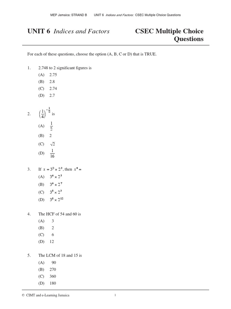 UNIT 6 Indices and Factors CSEC Multiple Choice Questions | PDF