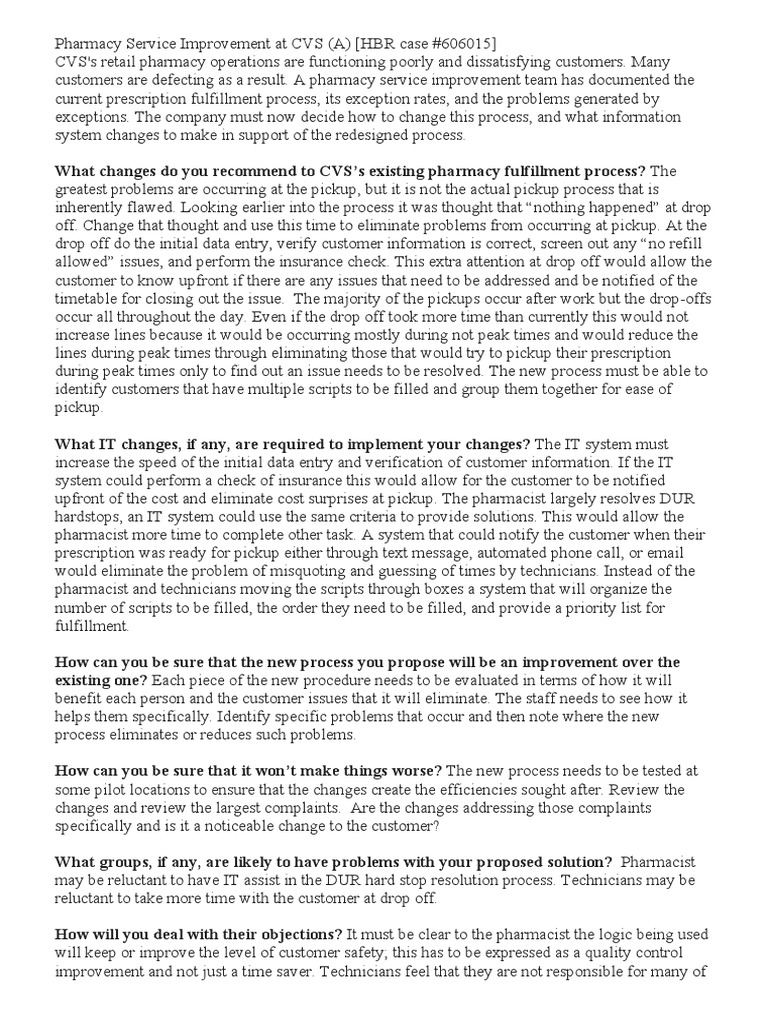CVS Pharmacy Service Improvement Plan | PDF | Pharmacy | Medical ...
