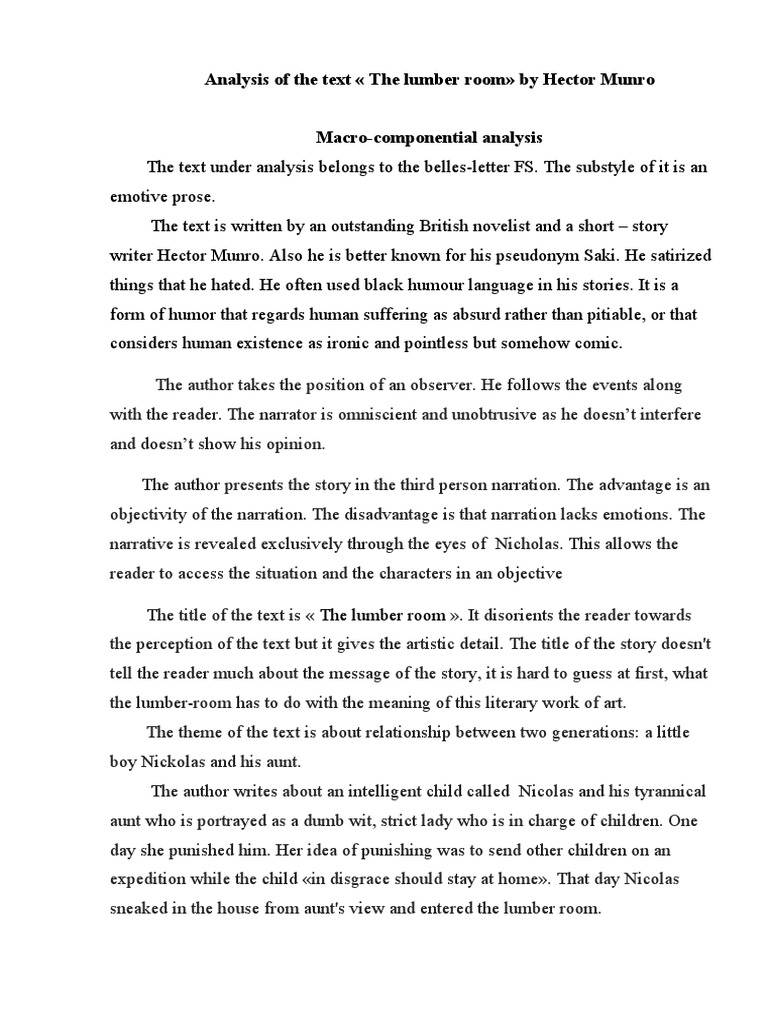 Analysis of The Text The Lumber Room by Hector Munro PDF Narration Irony