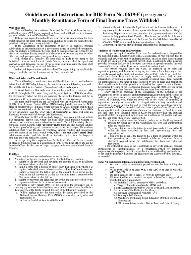 BIR Form 0619-F Filing Guidelines | PDF | Withholding Tax | Taxes