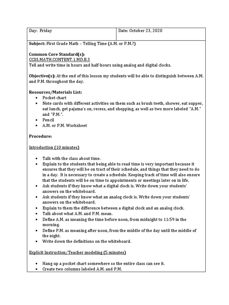 First Grade Math: A.M. vs P.M. Lesson | PDF | Teachers | Learning