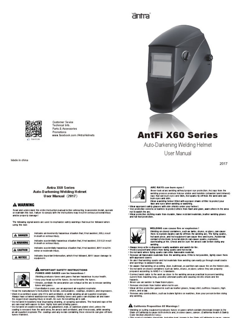 Antfi X60 Series AutoDarkening Welding Helmet User Manual PDF