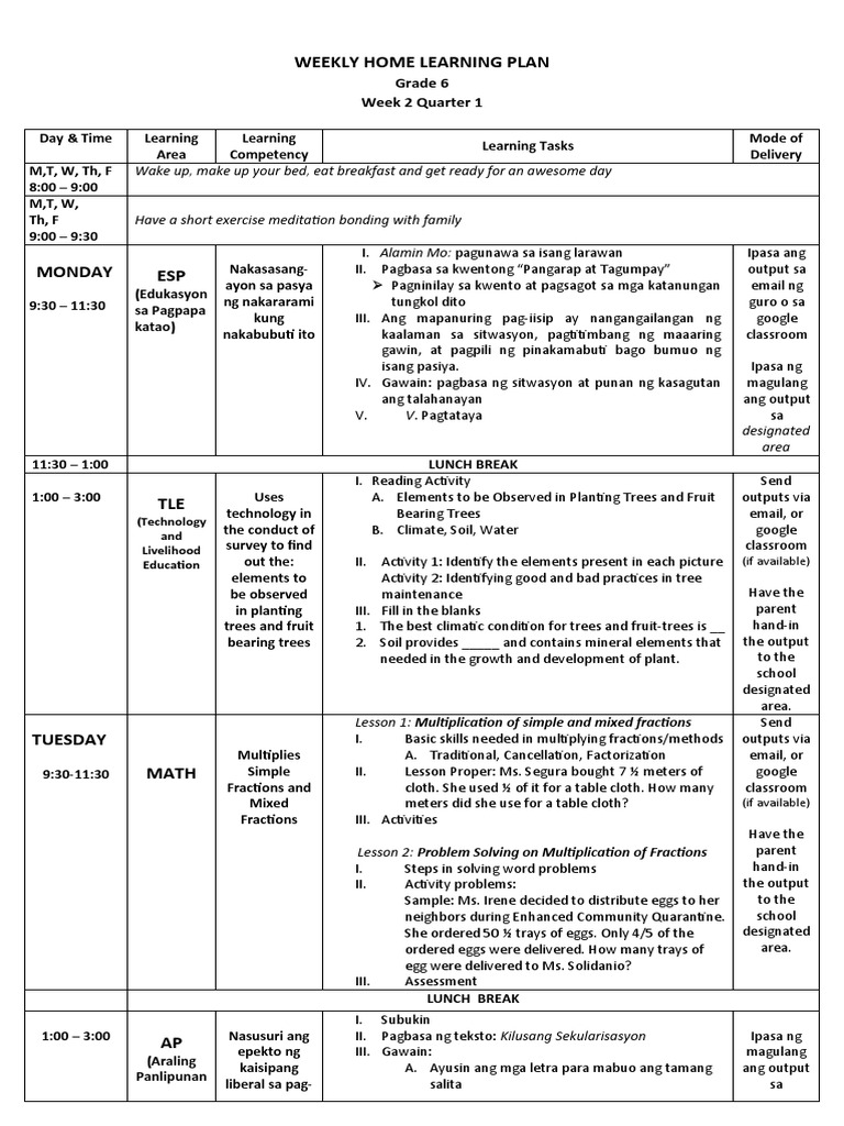 Grade 6 Weekly Learning Plan | PDF | Solution | Nature