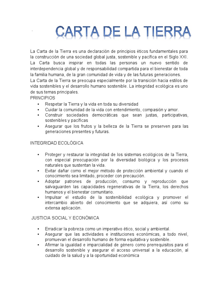 Resumen de la Carta de la Tierra | PDF | Sustentabilidad | Desarrollo ...