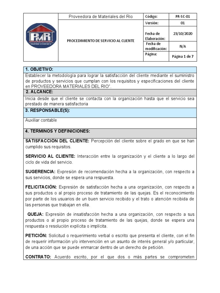 Procedimiento de Servicio al Cliente | PDF | Servicio al Cliente | Cliente