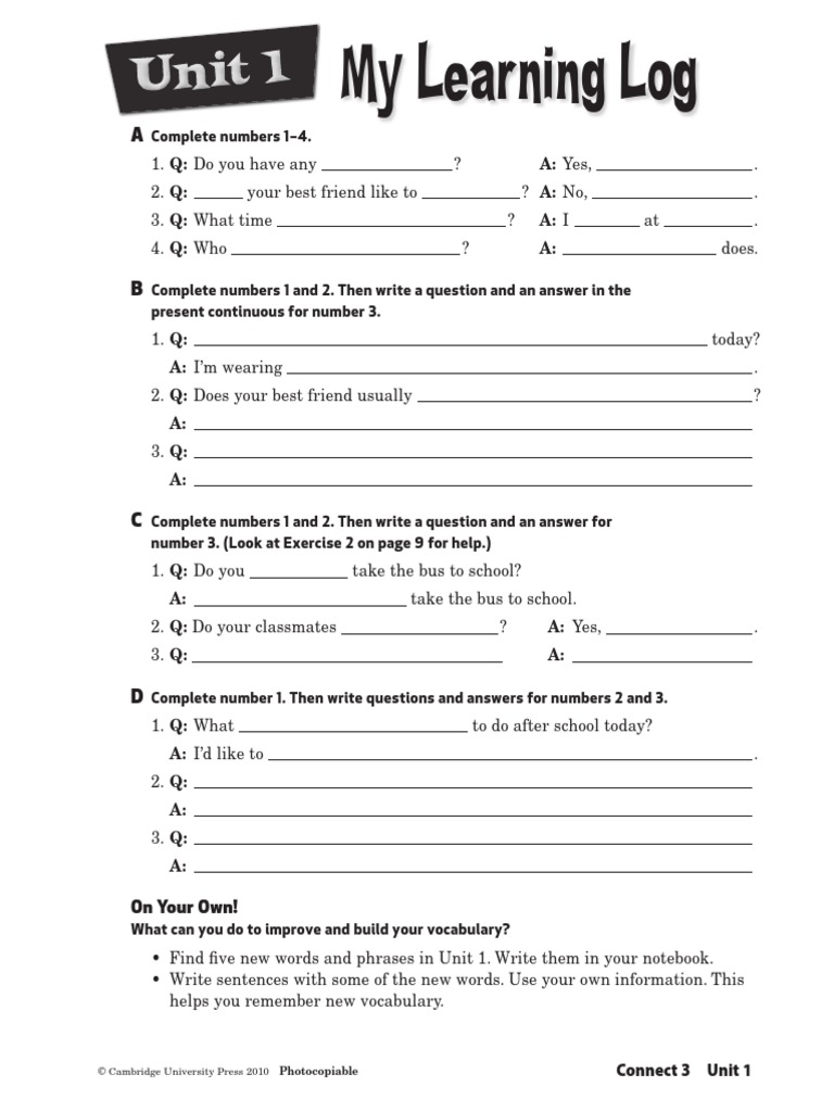 Connect2 Level3 Unit1 Learning Log Photocopiable Worksheet | PDF ...