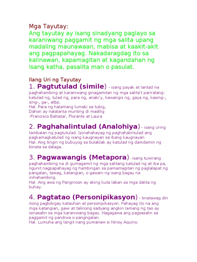 Tayutay Halimbawa Ng Tayutay Mga Uri Ng Tayutay Atbp Mga Uri Ng