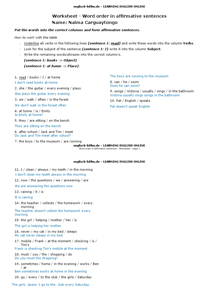 Worksheet - Word Order in Affirmative Sentences Name: Naima ...