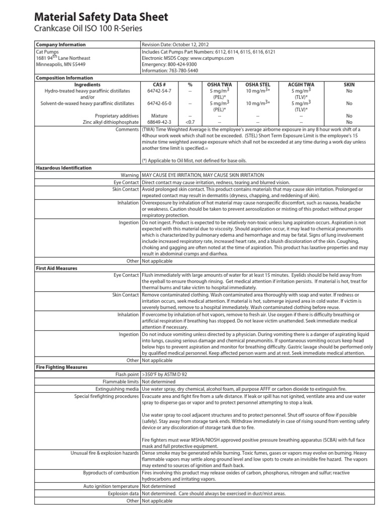 Crankcase Oil ISO 100 MSDS Guide | PDF | Combustion | Fires