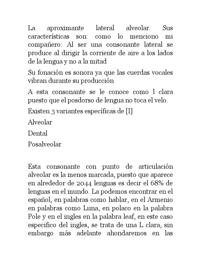 Aproximante Lateral Alveolar y Variaciones PDF Fonema Fonética