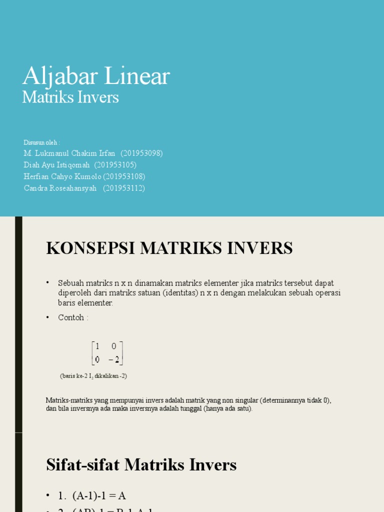 Presentasi Aljabar Linier Invers Matriks | PDF | Metode & Bahan Ajar