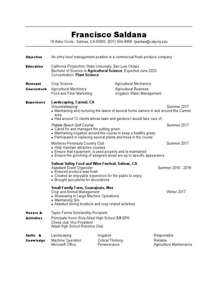 Cal Poly Agriculture Resume Overview | PDF | Agriculture | Food Industry