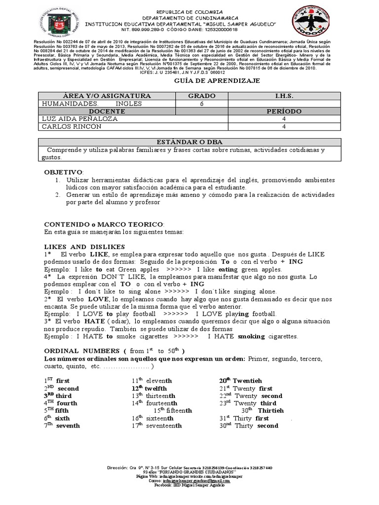 Guia de Ingles # 6 Sexto | PDF | Educación de la primera infancia ...