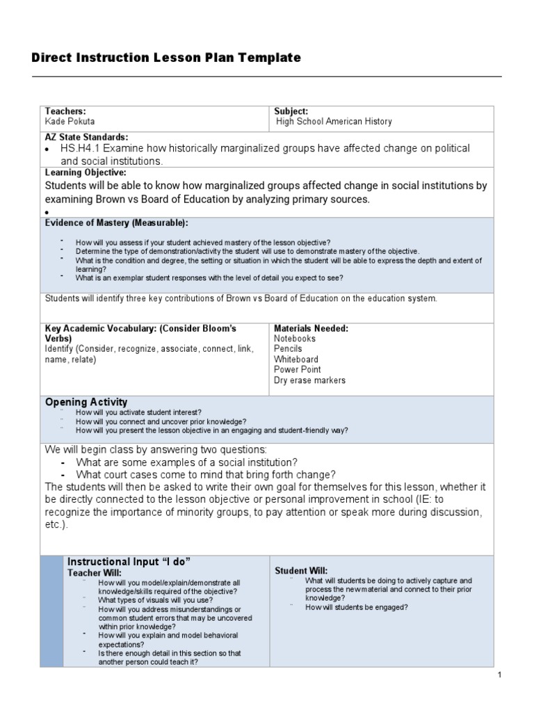 Direct Instruction Lesson Plan Template-Week 6-1 1 | PDF | Lesson Plan ...